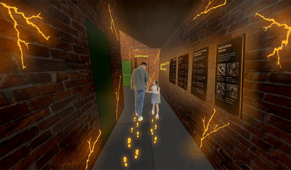 CGI mockup of red-brick corridor with electricity flashes and man and daughter walking and holding hands