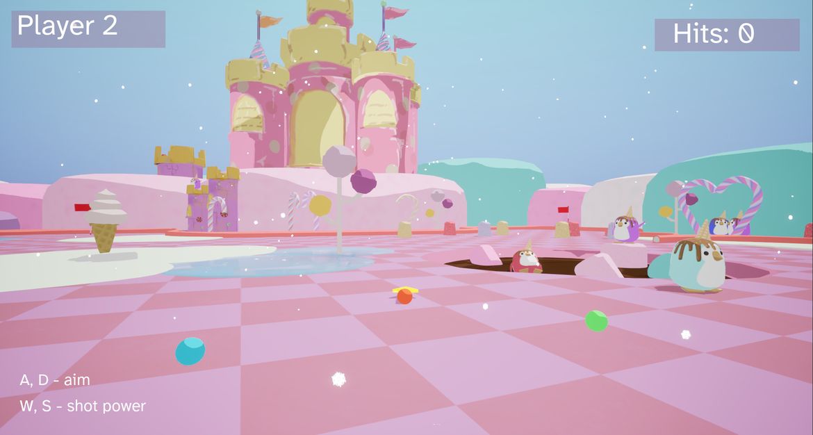 Colorful mini-golf game with candy-themed landscape, featuring a pink castle, players, and instructions for aiming and shot power.