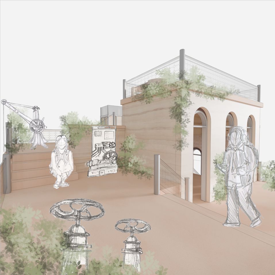 Illustration of people walking around museum interior