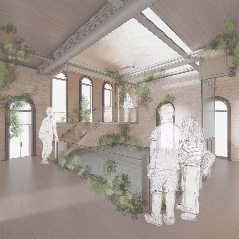 Illustration of people walking around museum interior