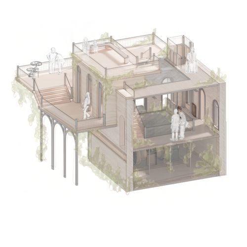 Cross-section illustration of people walking around museum interior