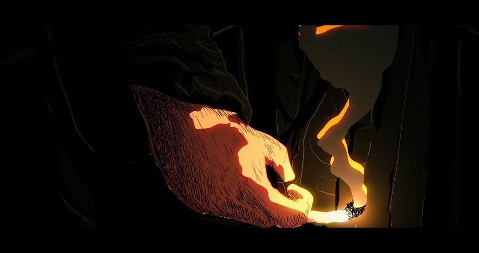 Animation still of hand holding smoking cigarette