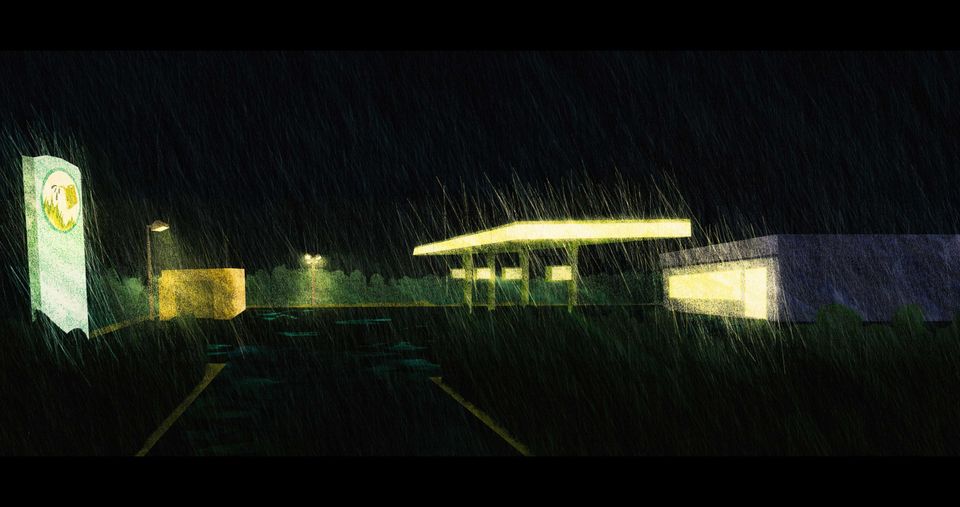 Animation still of a petrol station on a rainy night