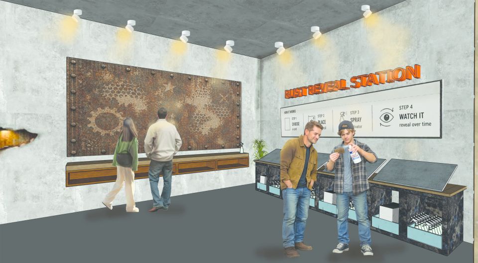 CGI mockup of rust reveal station in museum with people viewing and interacting with displays