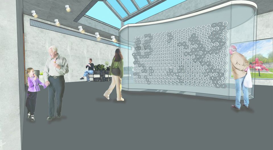 CGI mock up of people walking around airy museum room with display of tightly packed circles in glass