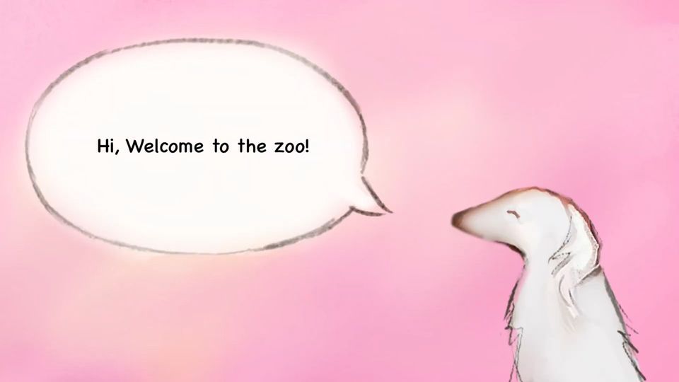 Game still of a white animal with long ears on a pink background, saying "Hi, Welcome to the zoo!" in a speech bubble.