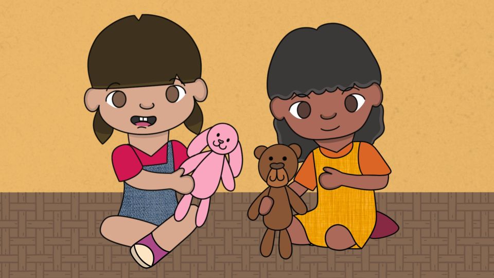 Animation still of two young girls playing with plush rabbit and bear