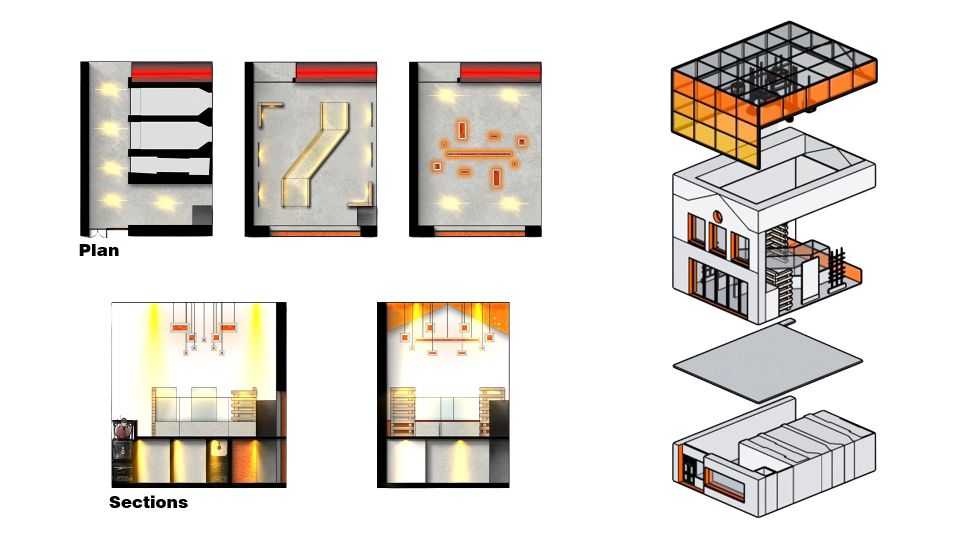 Various designs for a museum cafe from different perspectives