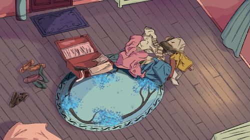 Animation still of a  blue rug in a room covered with clothes and blue leaves