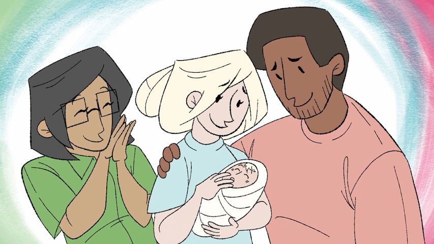 Animation still of young mother holding baby with husband putting arm around her and friend looking excited beside them