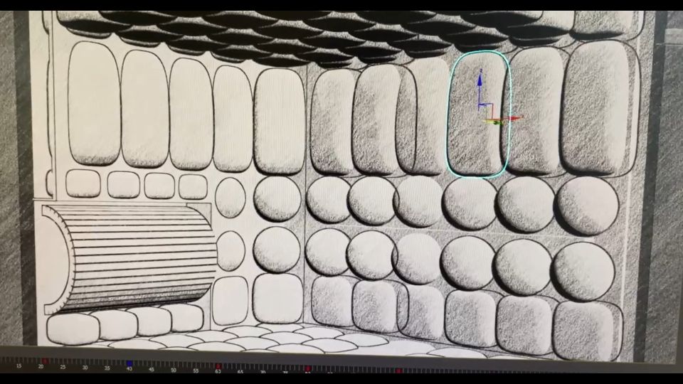 A black and white illustration of a textured room with rounded walls and a cylindrical object. A small color graphic element is on the wall.