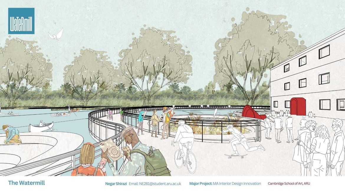Illustration of a waterfront park with people walking, cycling, and boating. Trees and a modern building are in the background.