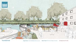 Illustration of a waterfront park with people walking, cycling, and boating. Trees and a modern building are in the background.