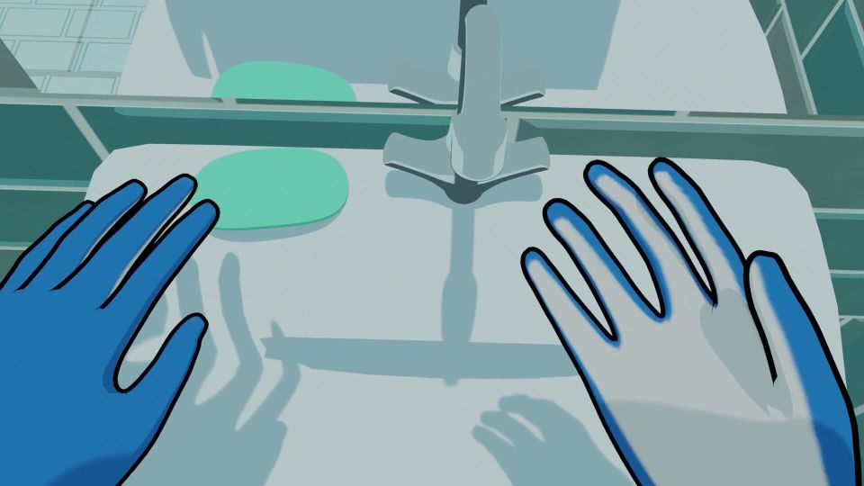 Animation still of blue hands over sink