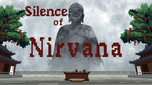 CGI scene of giant Buddha statue in front of altar, with japanese buildings and trees either side