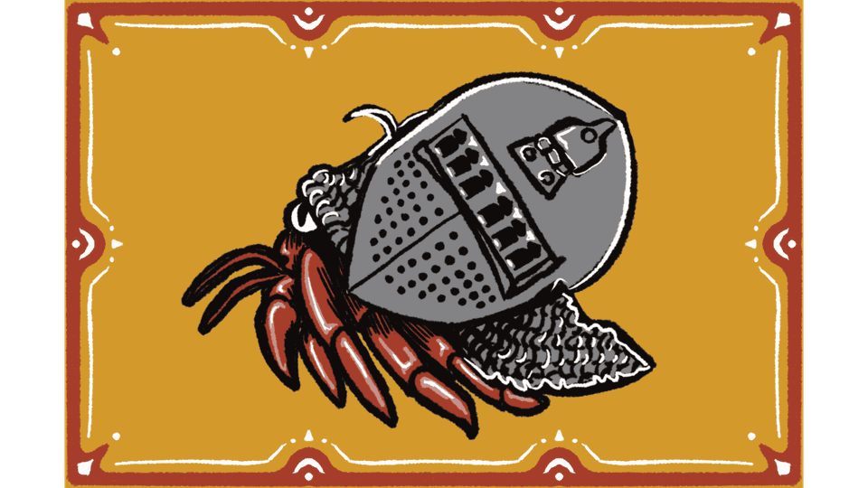 Illustration of a crab wearing a knight's helmet