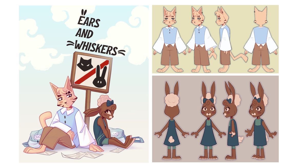 Illustration of rabbit and cat sitting next to sign with cat and rabbit symbols, under title ears and whiskers, next to two character turnarounds for the cat and rabbit