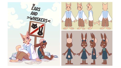 Illustration of rabbit and cat sitting next to sign with cat and rabbit symbols, under title ears and whiskers, next to two character turnarounds for the cat and rabbit
