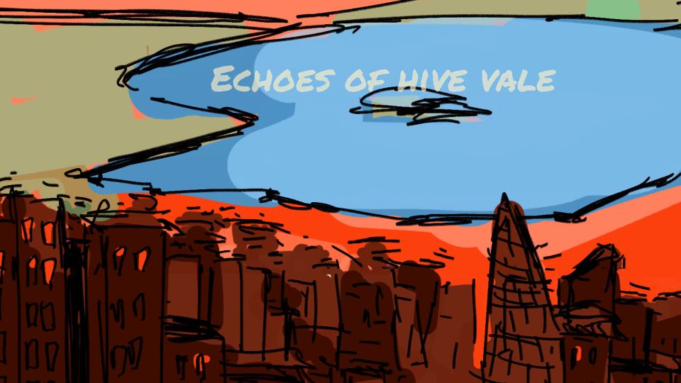 Animation still of city next to lake with title "Echoes of Hive Vale"