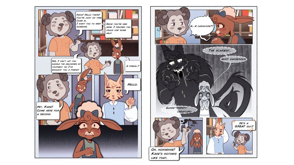 Graphic novel spread showing rabbit being introduced to cat by a ram, and worrying that it's a carnivore