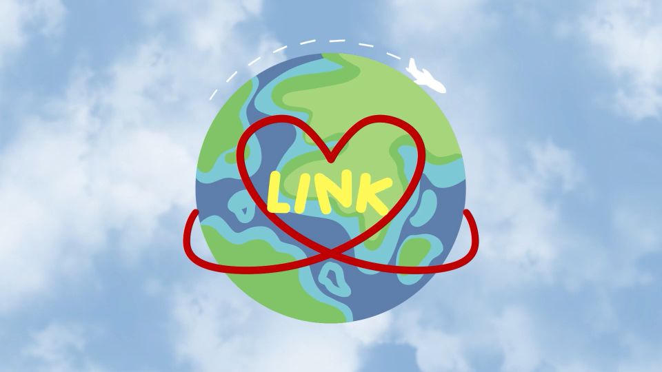 Animation still of planet Earth with red string around it folder into a heart and the title "Link"