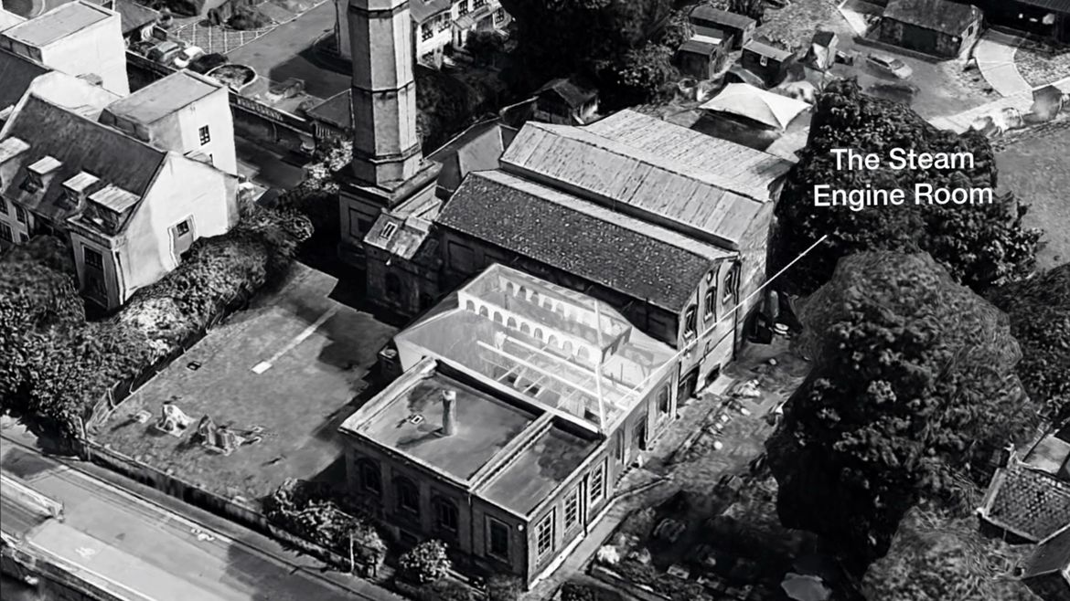 Aerial photo of museum exterior with arrow pointing to the steam engine room