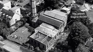 Aerial photo of museum exterior with arrow pointing to the steam engine room