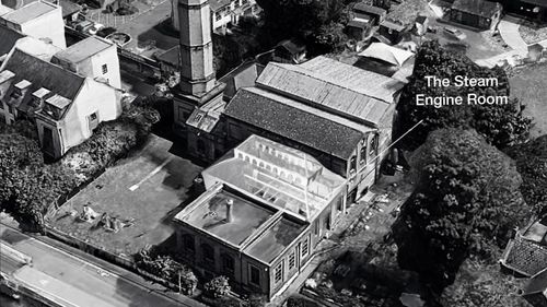 Aerial photo of museum exterior with arrow pointing to the steam engine room