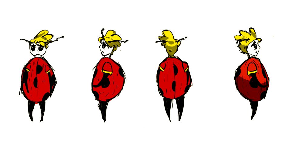 Four illustrations of boy with blonde hair and ladybug outfit