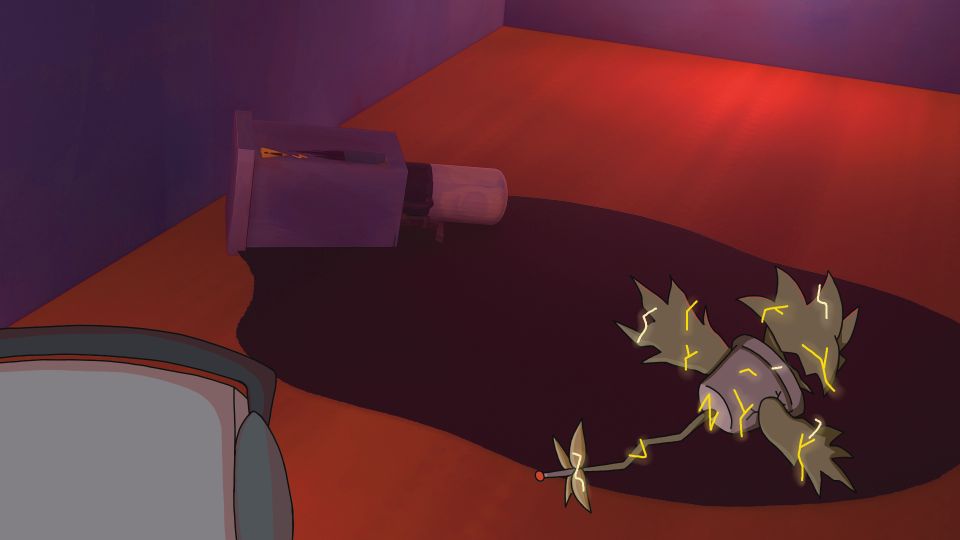 Animation still of pot plant electrified on floor