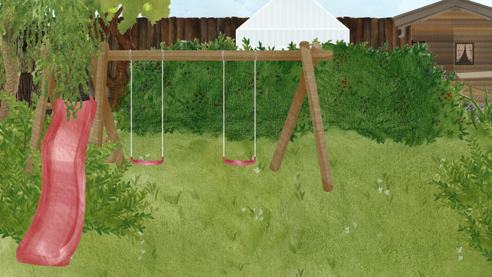 Illustration of slide and swings in garden of wooden house