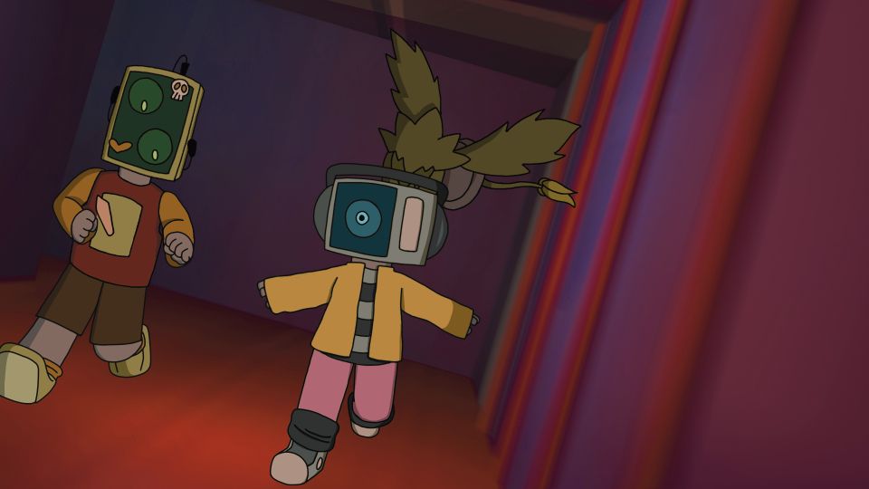 Animation still of two robots running down corridor