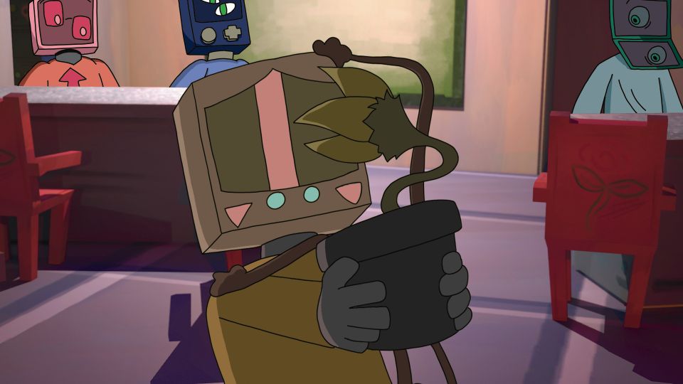 Animation still of robot holding a pot plant