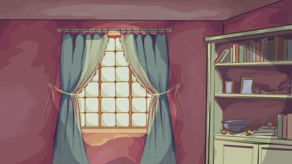 Animation still of a windows with undrawn curtains next to shelving unit