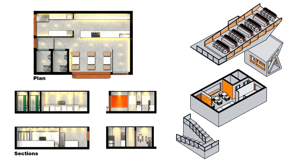 Designs for a cafe interior from various angles