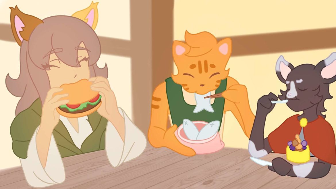 Animation still of girl with three anthropomorphic cats eating food at table