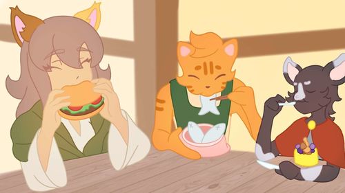 Animation still of girl with three anthropomorphic cats eating food at table