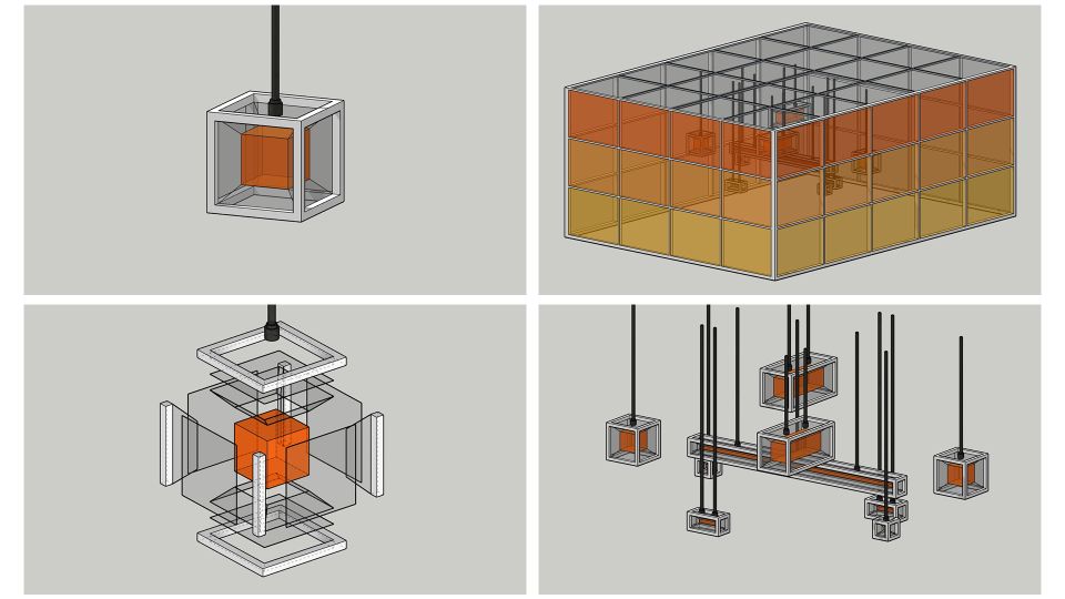 Four design illustrations for a hanging artefact with orange and yellow glass