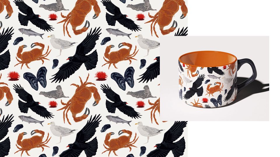 Photo of cup with red and orange pattern formed from various marine creatures and a close up of the pattern