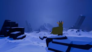 Animation still of horned creature wearing cloak in a barren arctic landscape