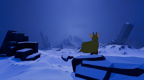 Animation still of horned creature wearing cloak in a barren arctic landscape