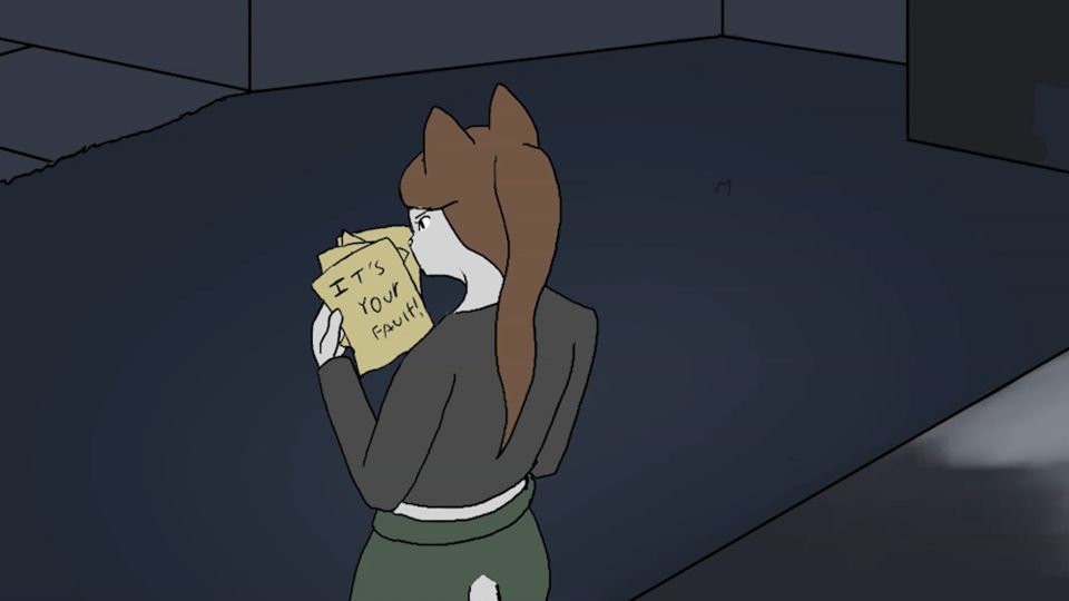 Illustration of anthropomorphic fox reading note that says "It's Your Fault!"
