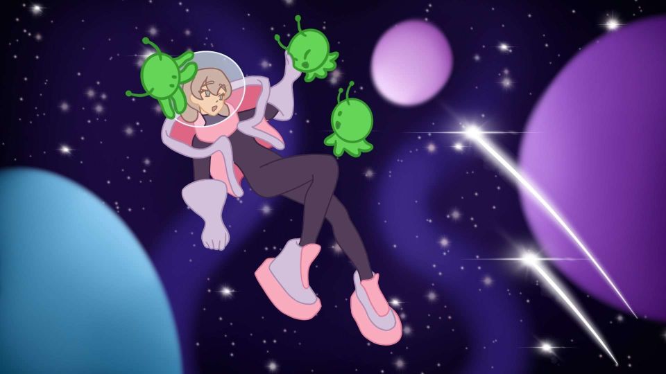 Animation still of young woman in spacesuit floating in space with three small green aliens around her