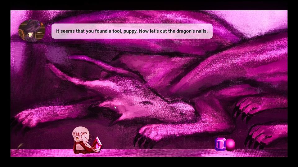 Game still showing a pink dragon with glinting claws lies0 in the background. A small character with a book and a speech bubble is in the foreground.