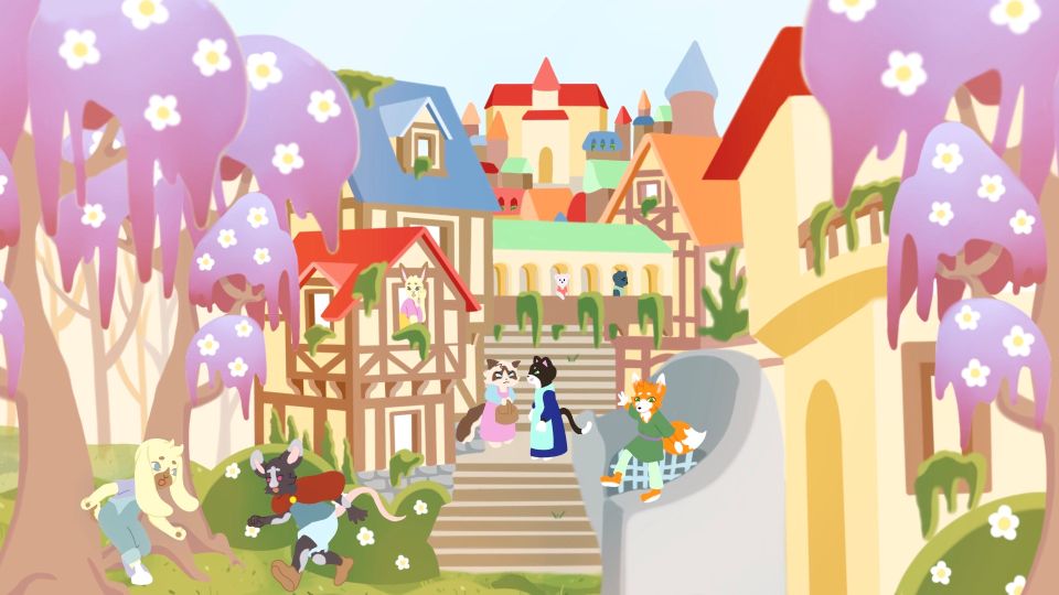 Animation still of a town inhabited by animals