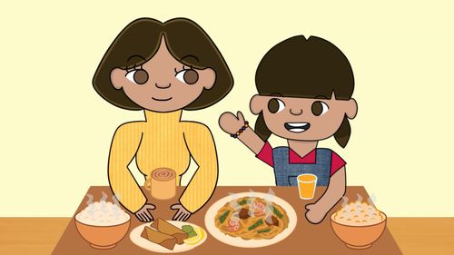 Animation still of young girl talking to mother at breakfast table