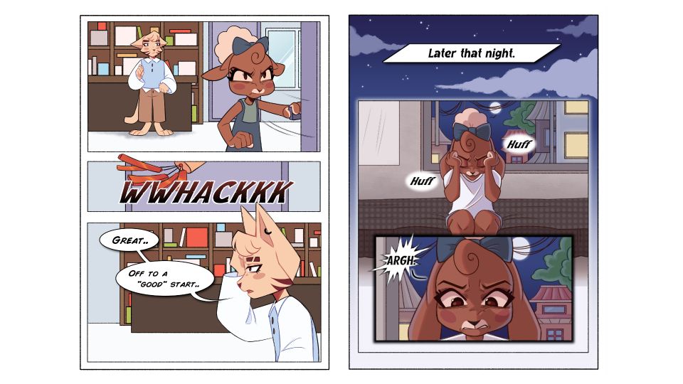 Graphic novel spread showing cat looking disappointed at how meeting rabbit has gone, and rabbit annoyed by the situation