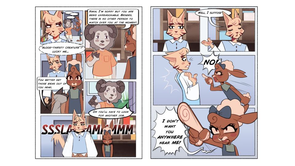 Graphic novel spread showing rabbit getting annoyed that a cat has been asked to look after her