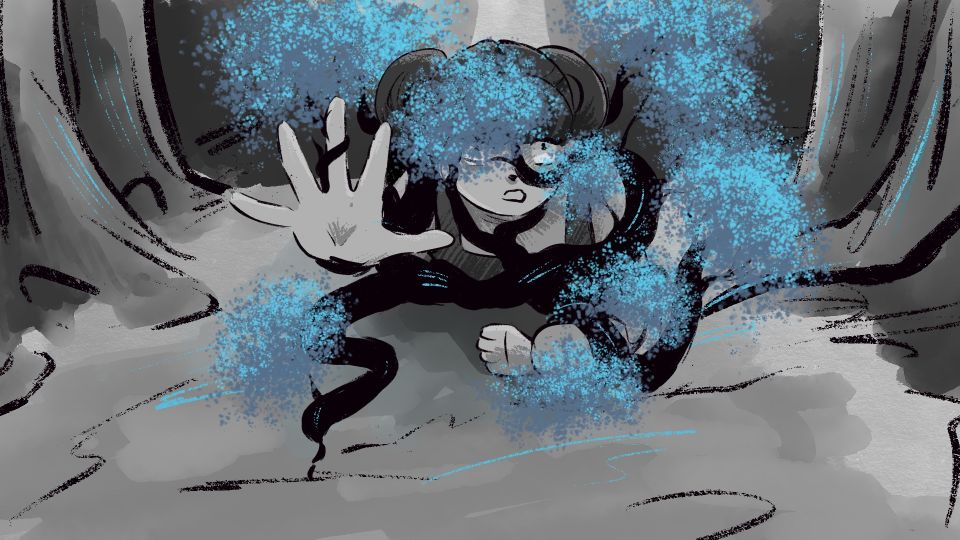 Black and white animation still of woman crawling through forest with blue leaves over her