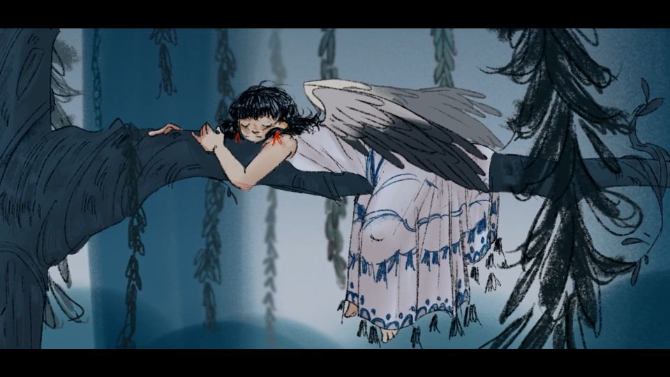 Animation still of angel clinging on to tree branch, looking dazed
